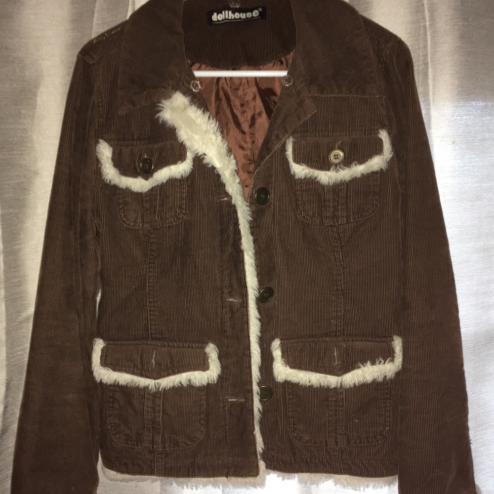 Brown corduroy jacket with fur trim